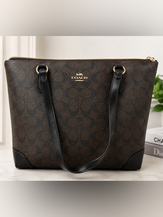 Coach Handbags - Coach Brown Signature Tote with Black Trim and Gold Hardware
